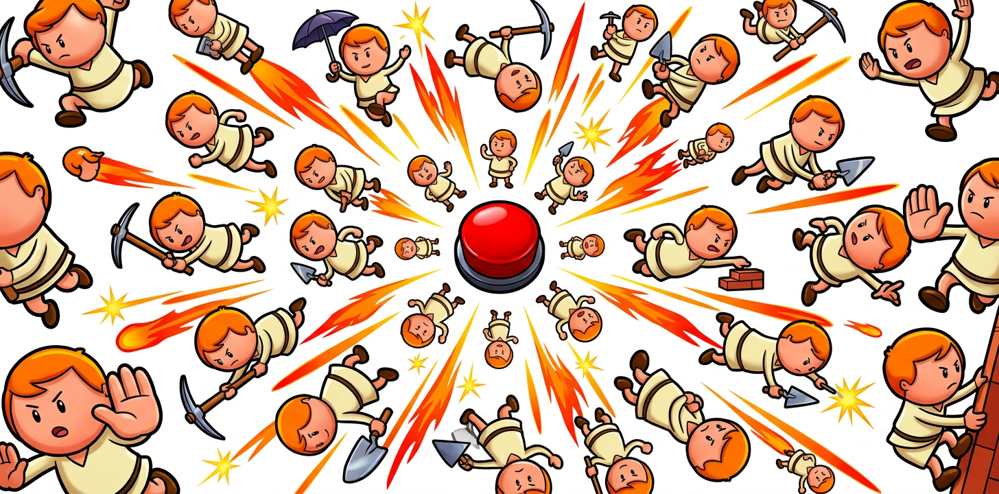 Little walkers tumbling outward in every direction around a big red button, trailing sparks