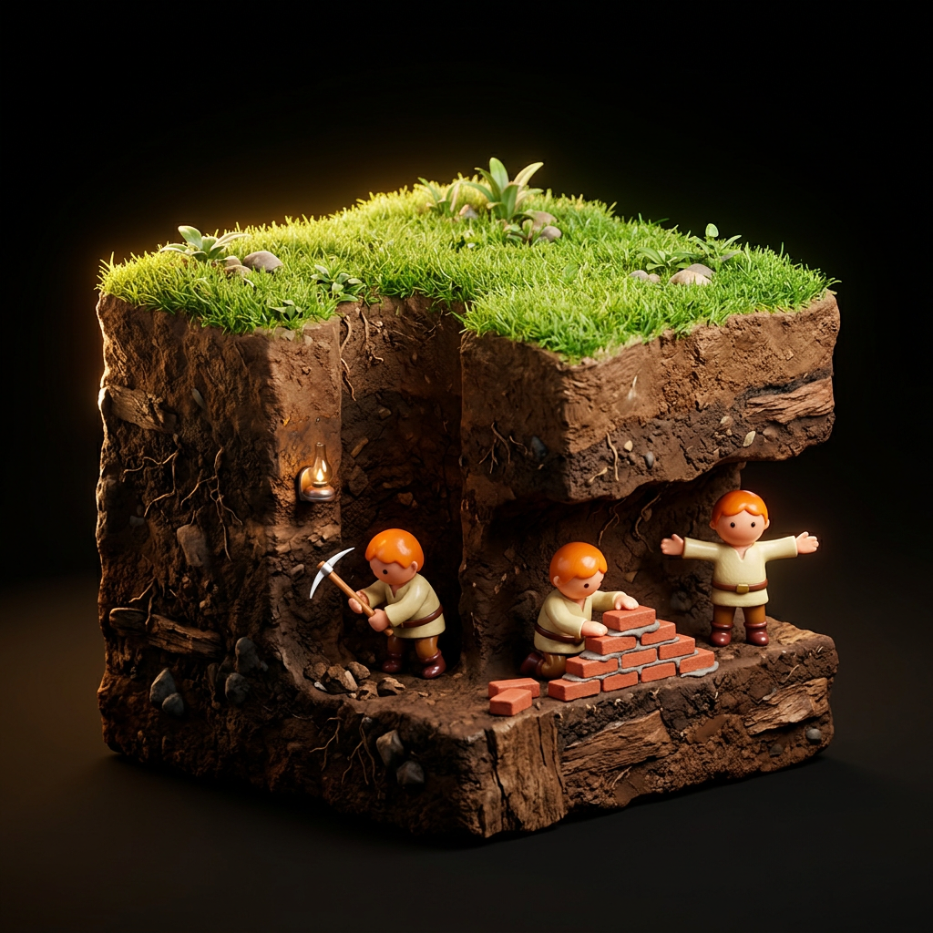 A cutaway block of earth: one little walker digs with a pickaxe, one builds a brick stair and one stands blocking with arms out
