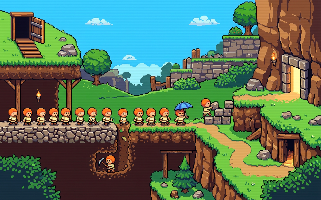 Pixel-art level: a line of little orange-haired walkers marches along a stone ledge while one digs below and another builds a brick stair