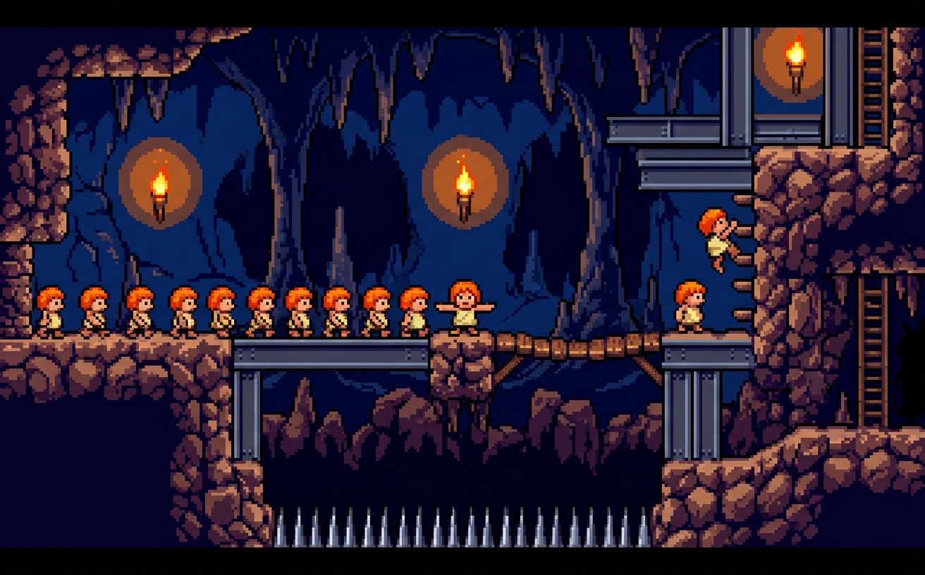 Dark cave level with a rope bridge over spikes