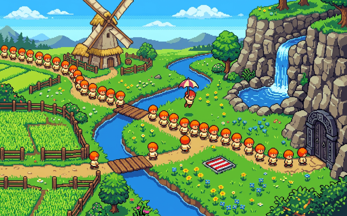 Meadow level with a windmill and a river